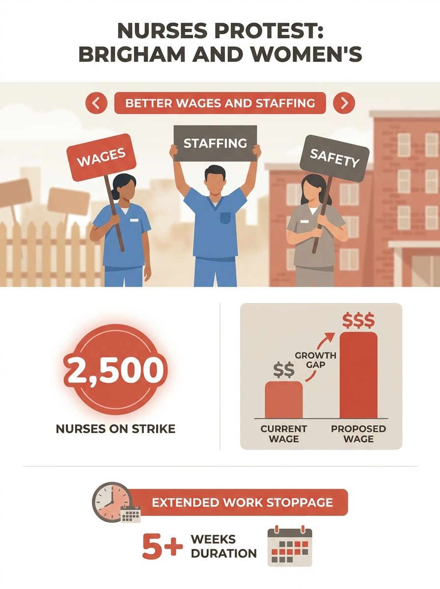Nurses holding picket signs outside Brigham and Women's Hospital as they protest for better wages and staffing ratios during the extended work stoppage