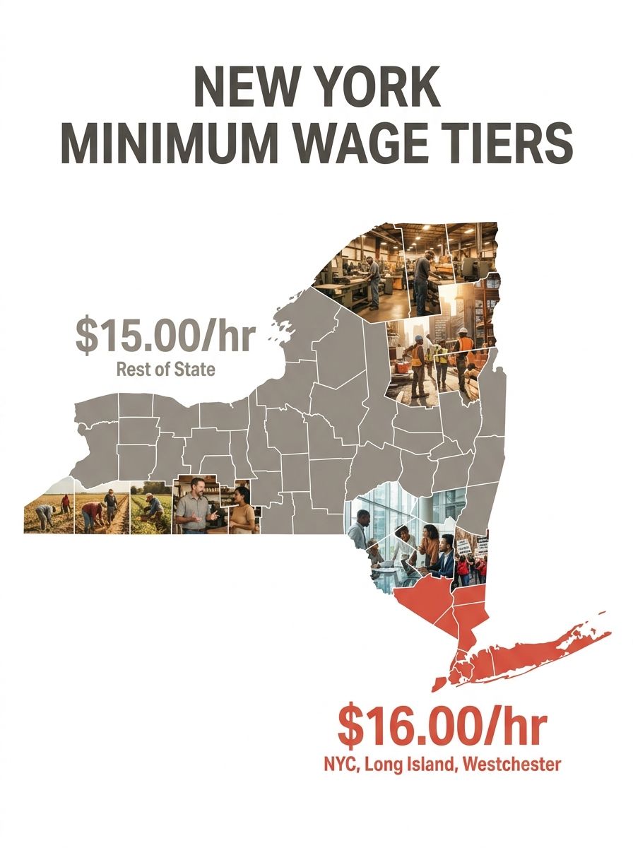 A map of New York State divided into two color-coded regions showing the higher-wage tier (NYC, Long Island, Westchester) and the lower-wage tier (rest of state), with the corresponding minimum wage r