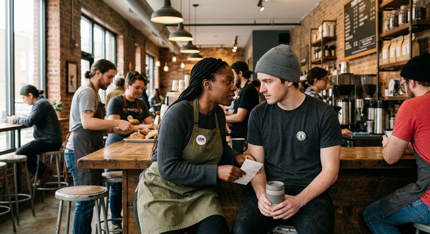 Illustration of a coffee shop interior with workers talking during a break, one worker subtly sharing information with another, conveying the trust-building aspect of covert organizing campaigns