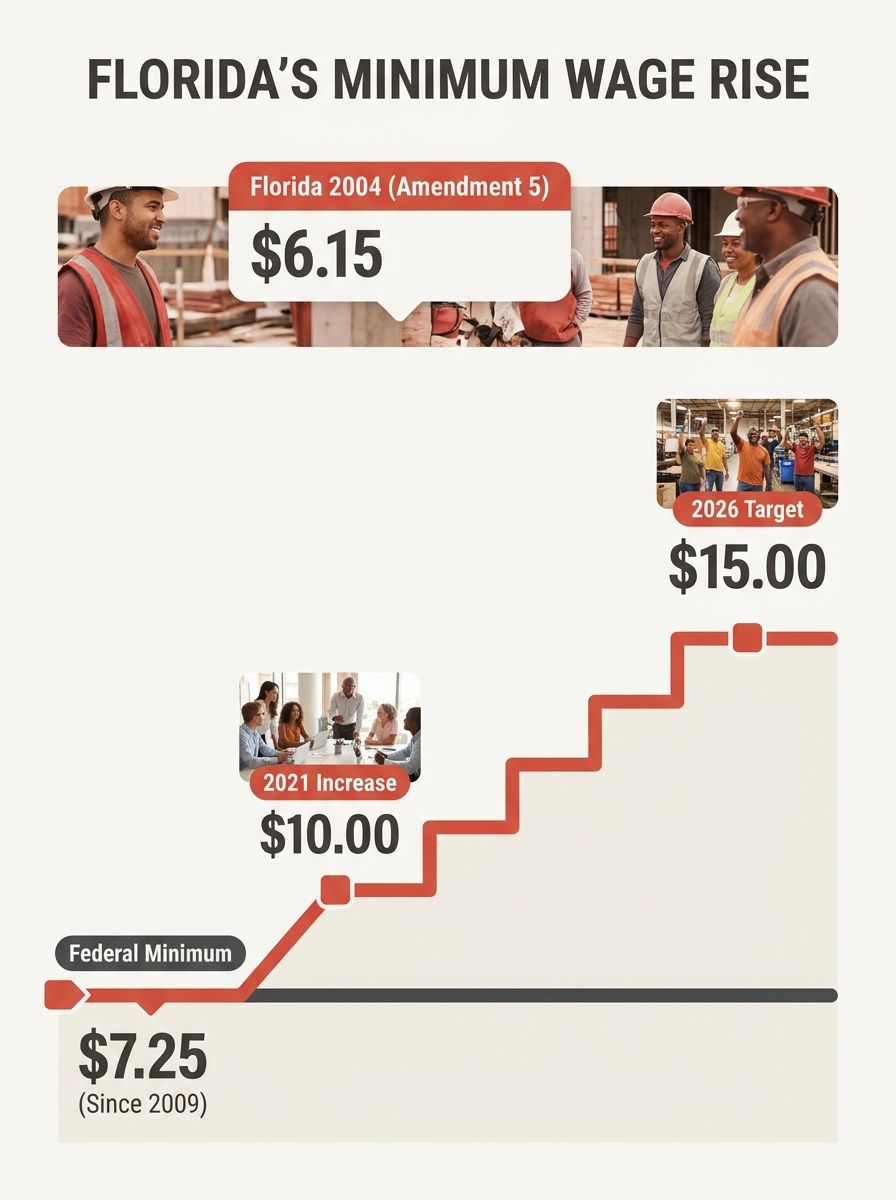 infographic showing Florida's minimum wage timeline from 2004 Amendment 5 through 2020 Amendment 2, with annual rates from $10.00 in 2021 to $15.00 in 2026 plotted as rising steps alongside a flat fed