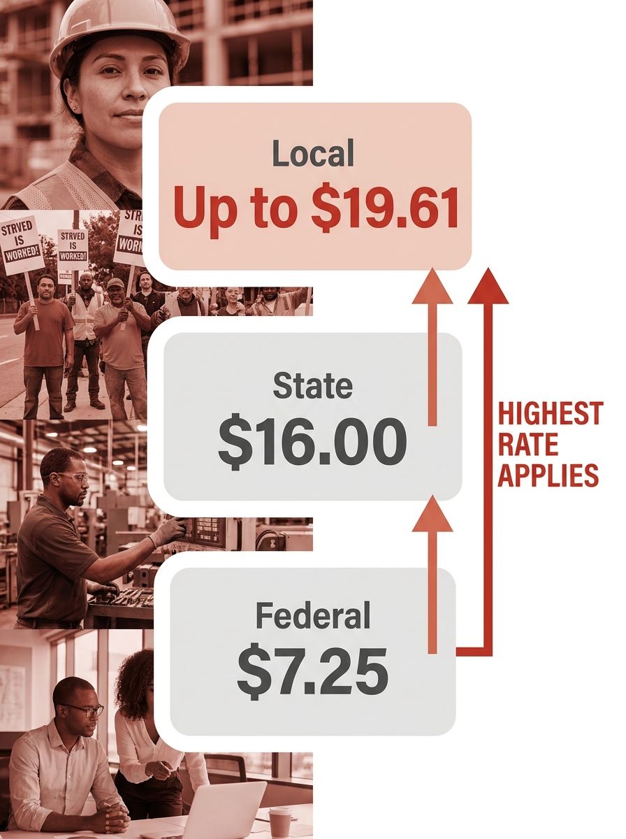An infographic showing three stacked layers labeled Federal ($7.25), State ($16.00), and Local (varying rates up to $19.61), with arrows pointing upward to illustrate that the highest rate applies to