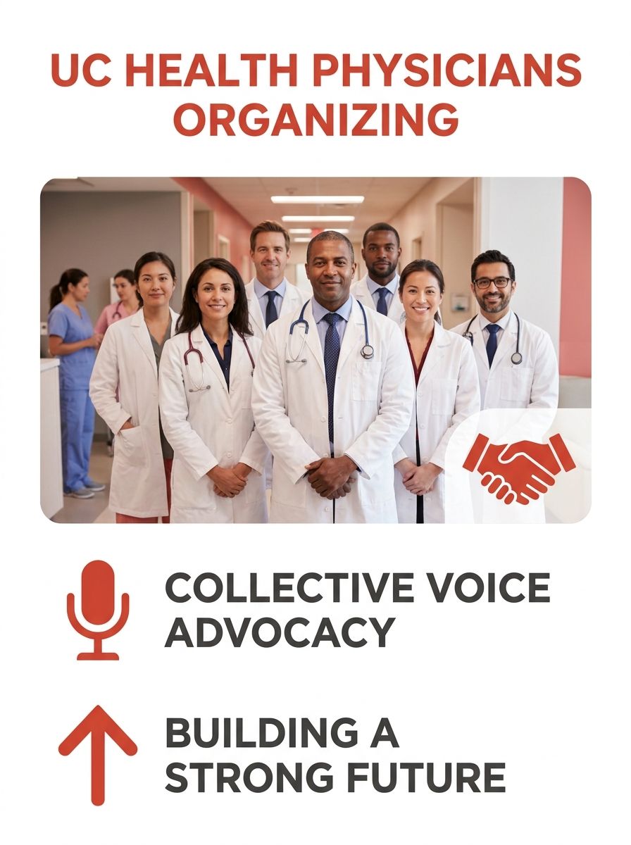 UC Health physicians in white coats standing together in hospital corridor, representing the organizing campaign