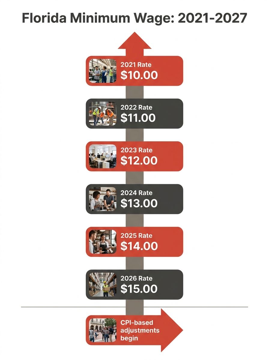 An infographic showing the Florida minimum wage escalator from 2021 to 2026, with each year's rate ($10 through $15) displayed as ascending steps, and a dividing line at 2027 labeled "CPI-based adjust