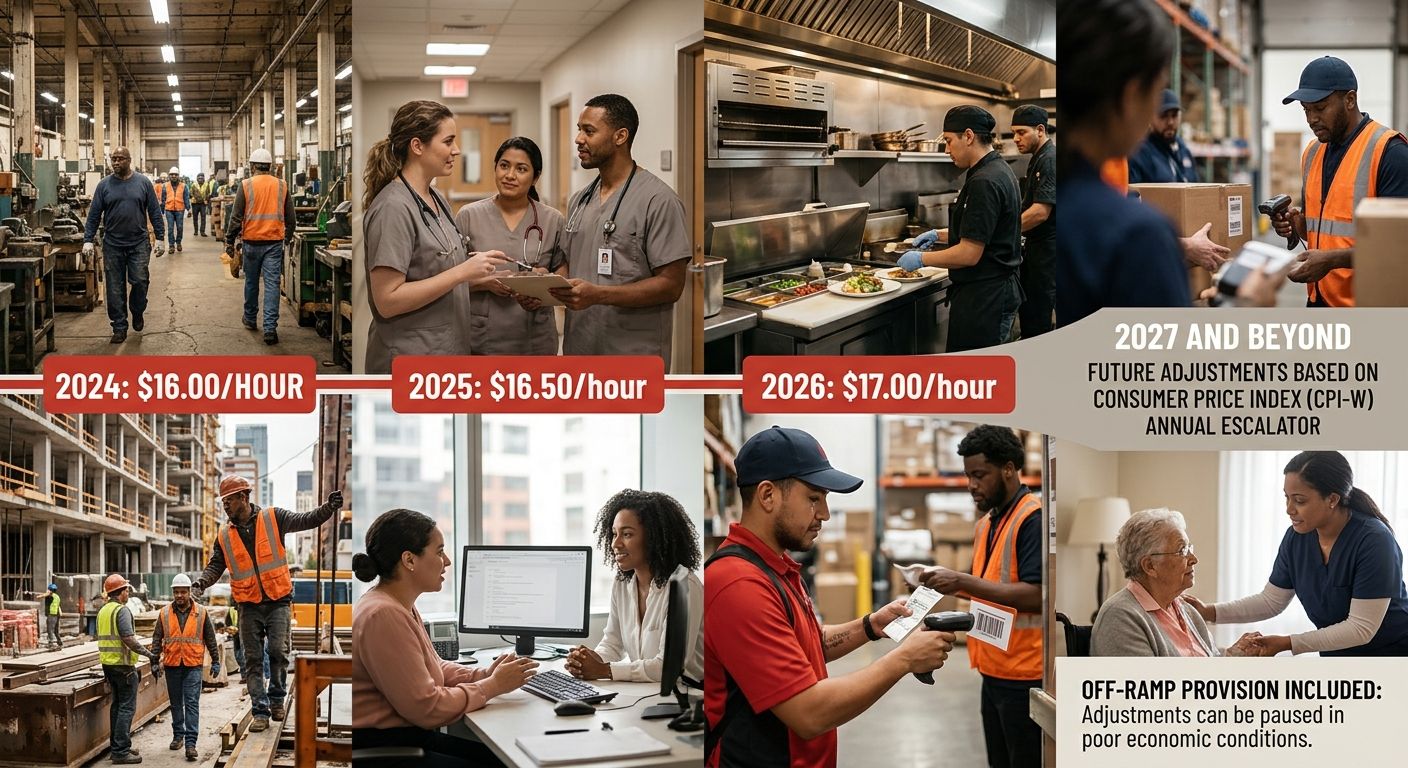 A timeline graphic showing the NYC minimum wage trajectory from $16.00 in 2024 through $17.00 in 2026, then transitioning to a CPI-W indexed escalator starting 2027, with the off-ramp provision noted