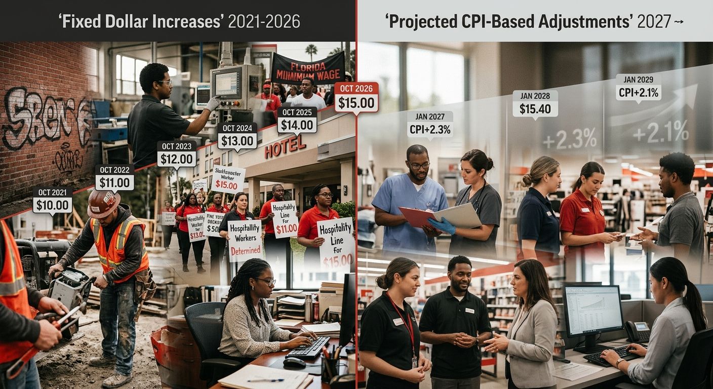A comparison chart showing two eras of Florida's minimum wage mechanism side by side - fixed dollar increases from 2021 to 2026 on the left, and projected CPI-based smaller adjustments from 2027 onwar