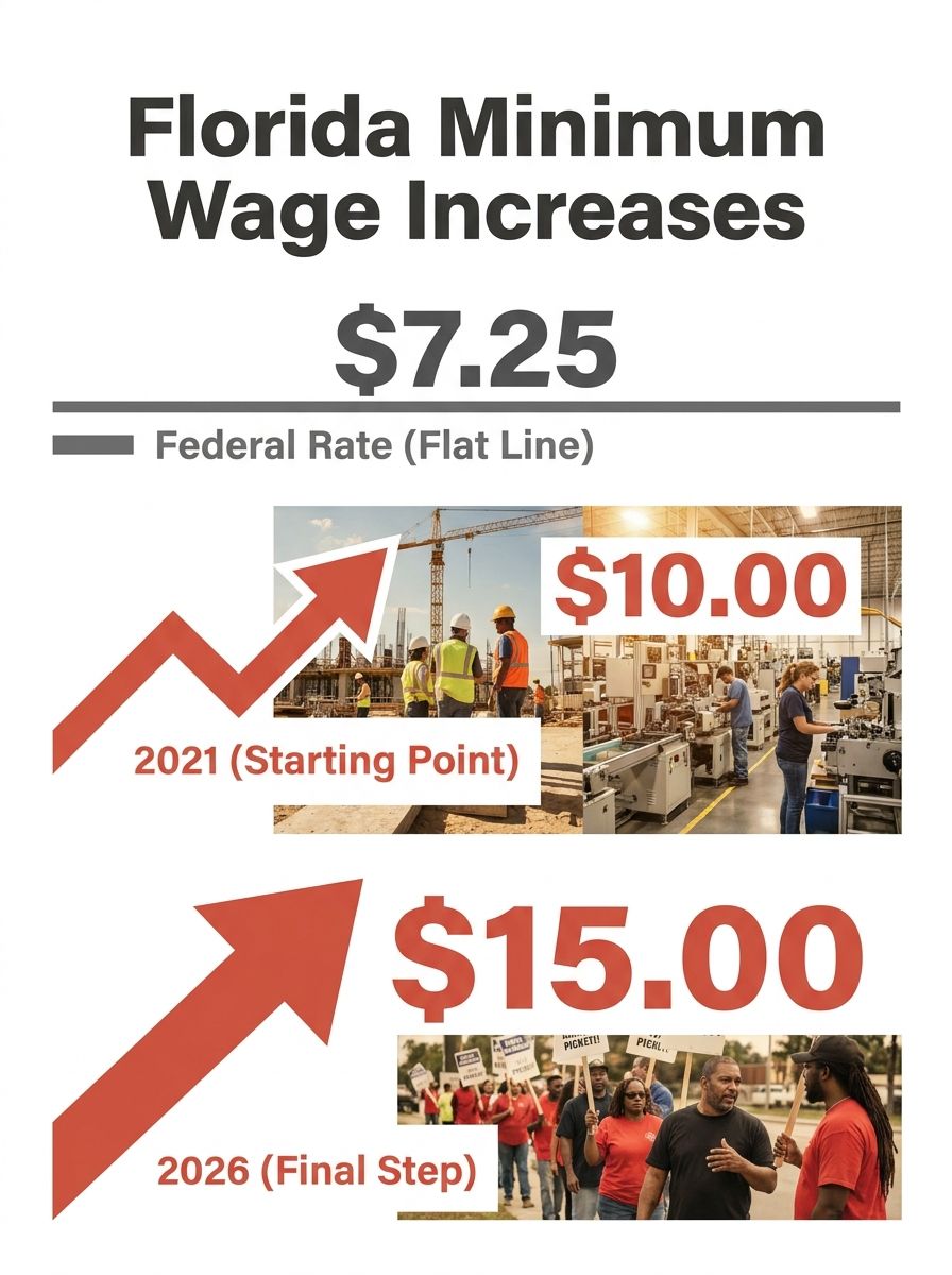 an infographic showing the year-by-year staircase of Florida minimum wage increases from $10.00 in 2021 to $15.00 in 2026, with the federal $7.25 rate shown as a flat line for comparison