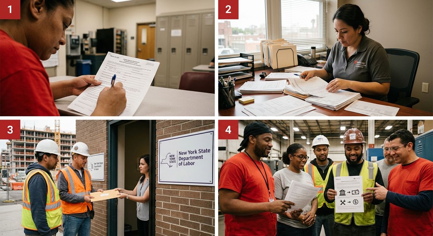 An infographic showing the four-step wage complaint process - downloading form LS 223, documenting the violation with records, submitting to NYSDOL, and receiving investigation results with possible b