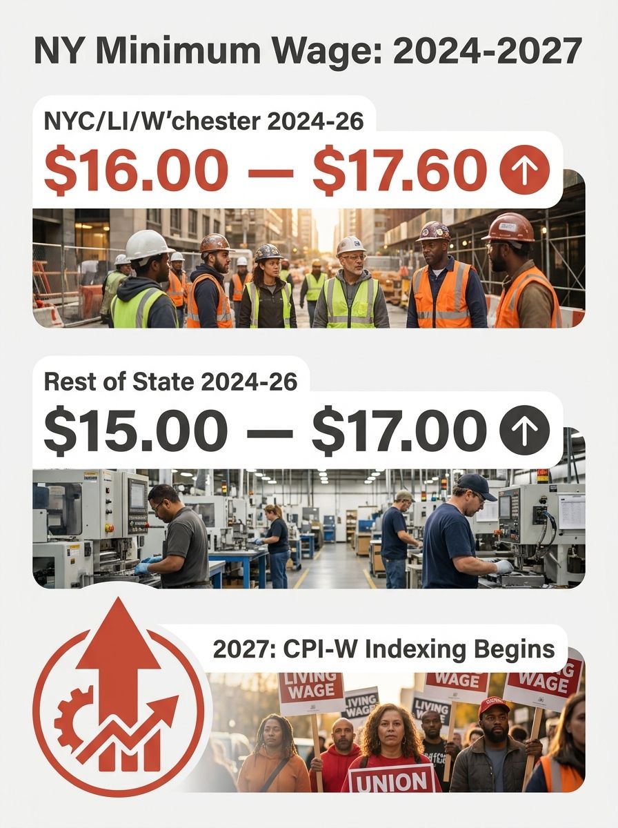 Infographic showing a three-column timeline of New York minimum wage rates from 2024 through 2027 for three geographic zones: NYC/Long Island/Westchester, rest of New York State, and the 2027 CPI-W in