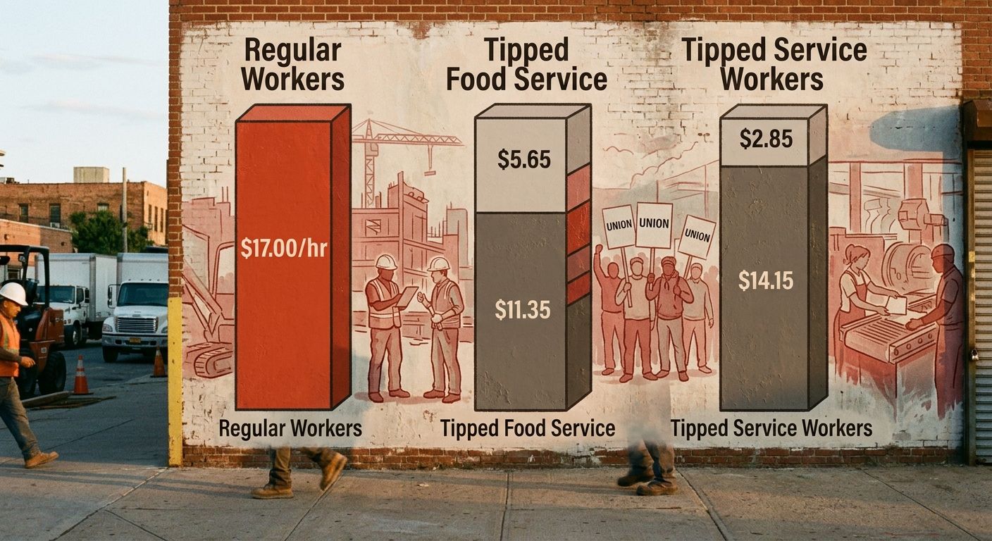 A side-by-side comparison showing three worker categories in NYC with stacked bar charts - regular workers at a full $17.00/hr bar, tipped food service with $11.35 cash and $5.65 tip credit segments,