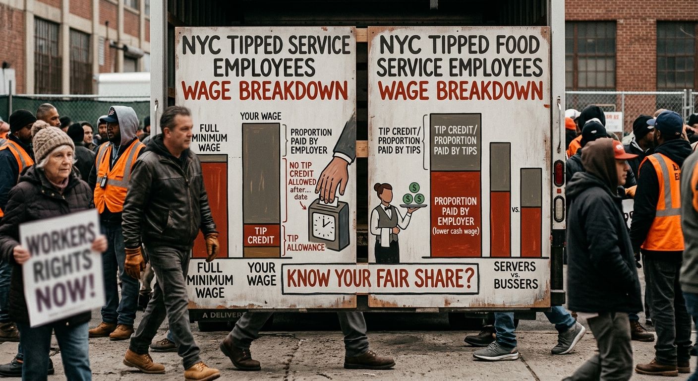side-by-side comparison showing the cash wage and tip credit breakdown for tipped service employees versus tipped food service employees in NYC, with visual bars showing the proportion paid by employe