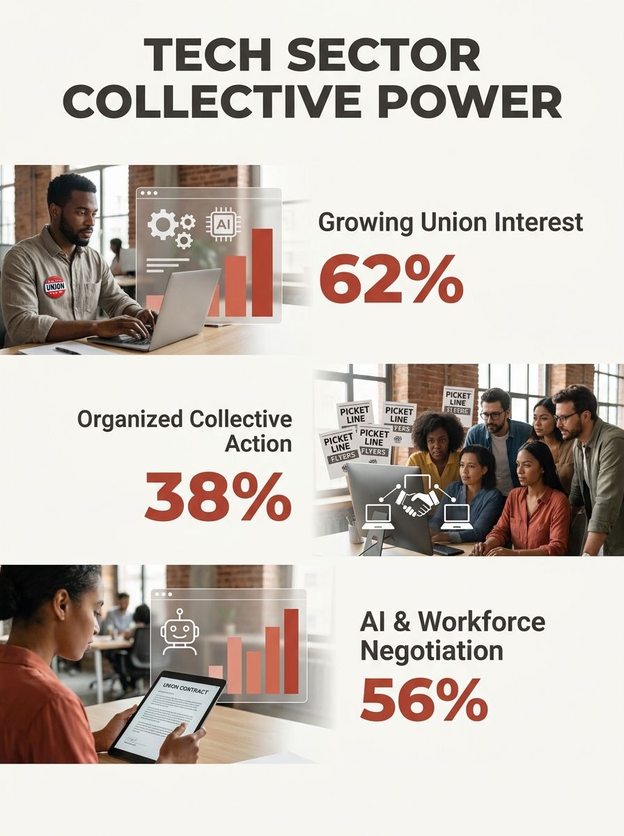 Tech workers at computers with union materials and digital AI interface graphics overlaid