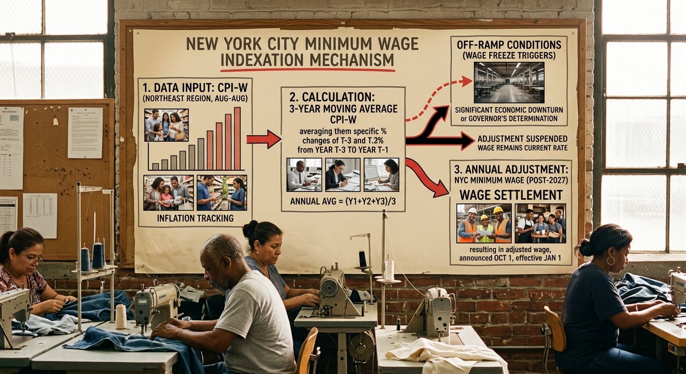 diagram showing the CPI-W indexation mechanism for NYC minimum wage starting 2027, with arrows connecting CPI-W Northeast data to a three-year moving average calculation to the resulting annual wage a