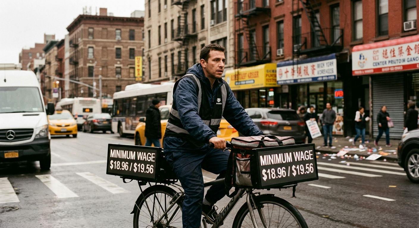 Illustration showing a food delivery worker on a bicycle in a New York City street scene with dollar amounts $18.96 and $19.56 displayed, representing the app-based delivery minimum wage rates