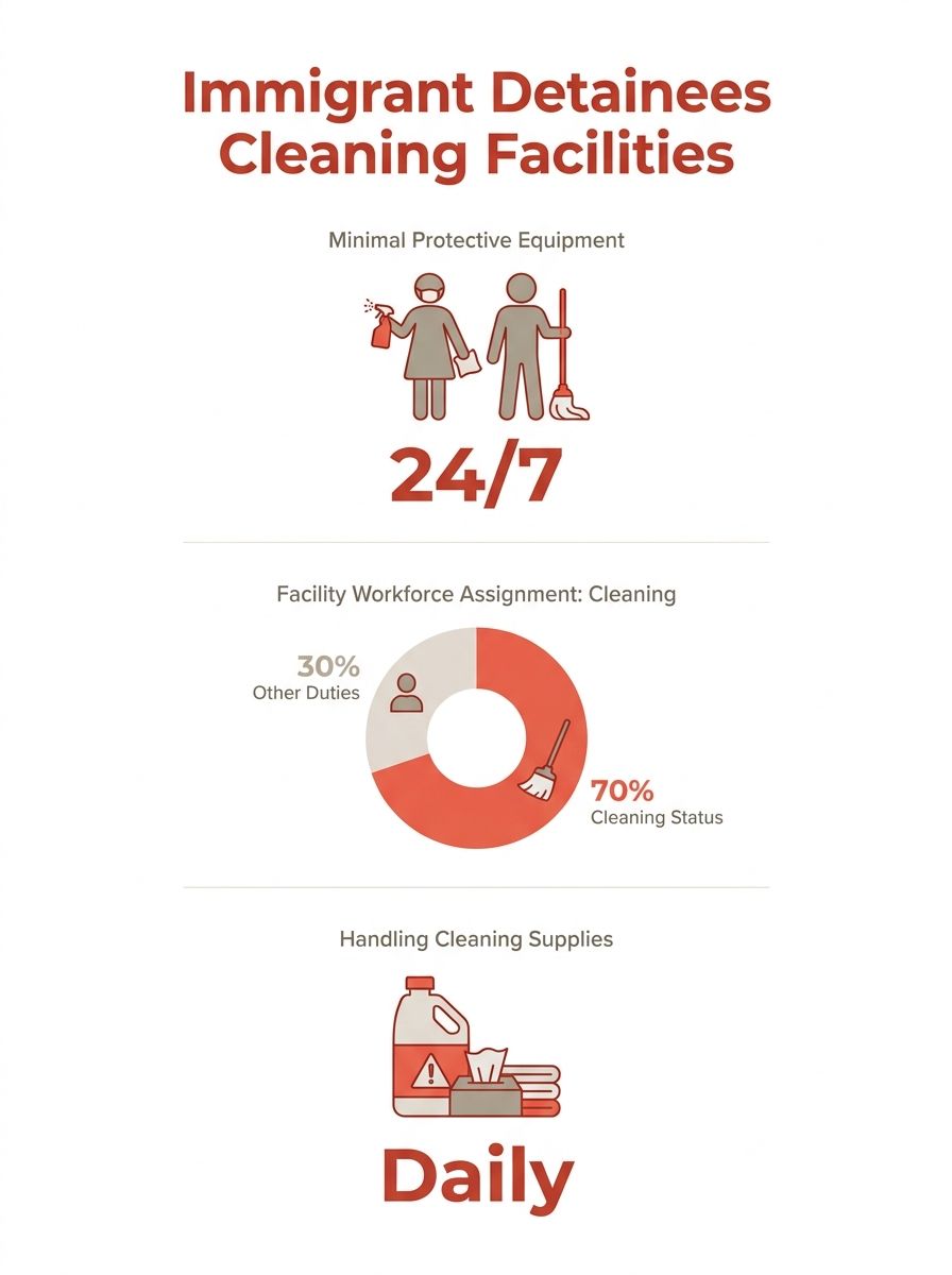 Immigrant detainees cleaning facility interior wearing minimal protective equipment while handling cleaning supplies