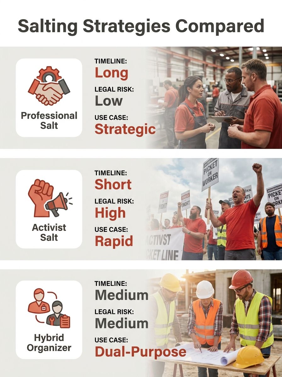Infographic comparing three salting strategies side by side, showing icons for professional salt, activist salt, and hybrid organizer with key metrics like timeline, legal risk, and best use case for 