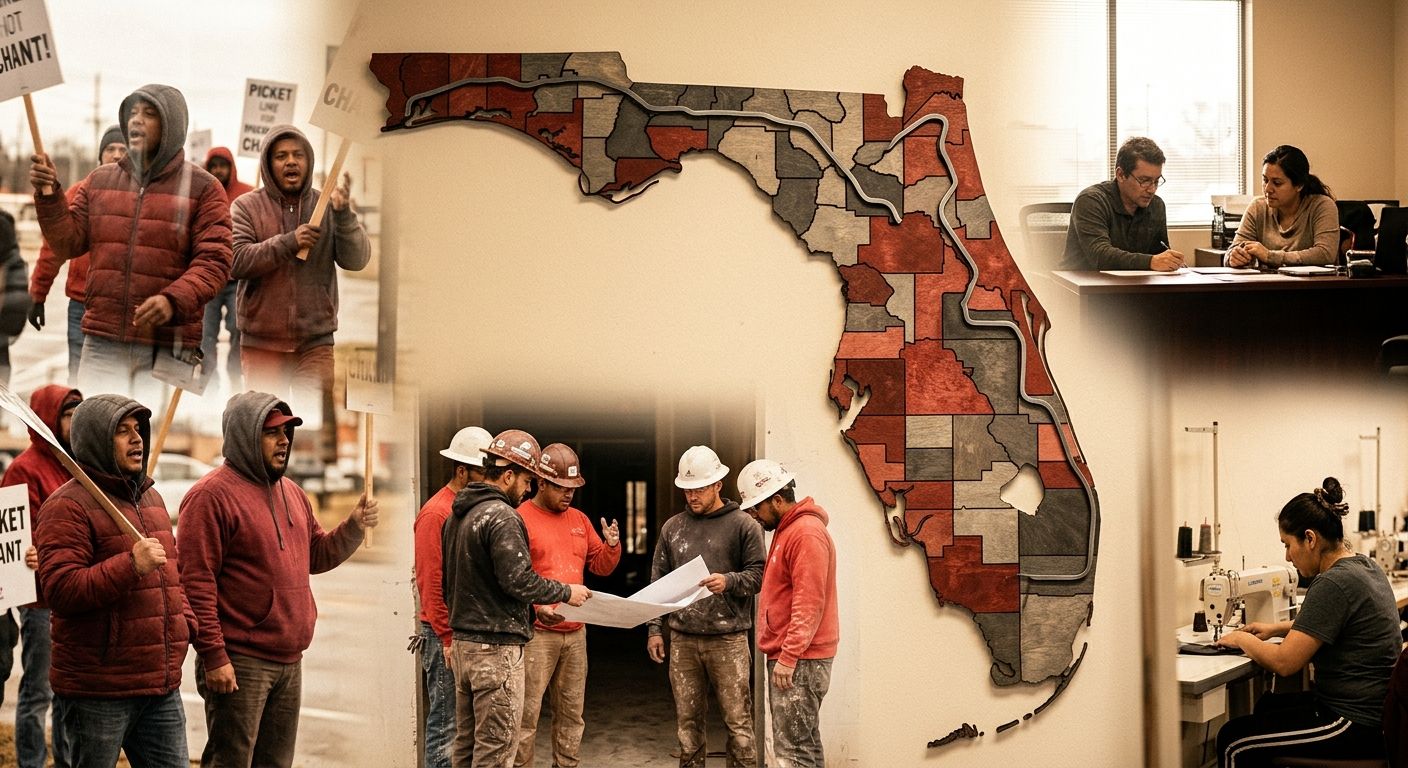 Map of Florida with color-coded counties showing cost of living variation overlaid with the single uniform $13.00 minimum wage rate, illustrating the gap between high-cost and low-cost regions under t