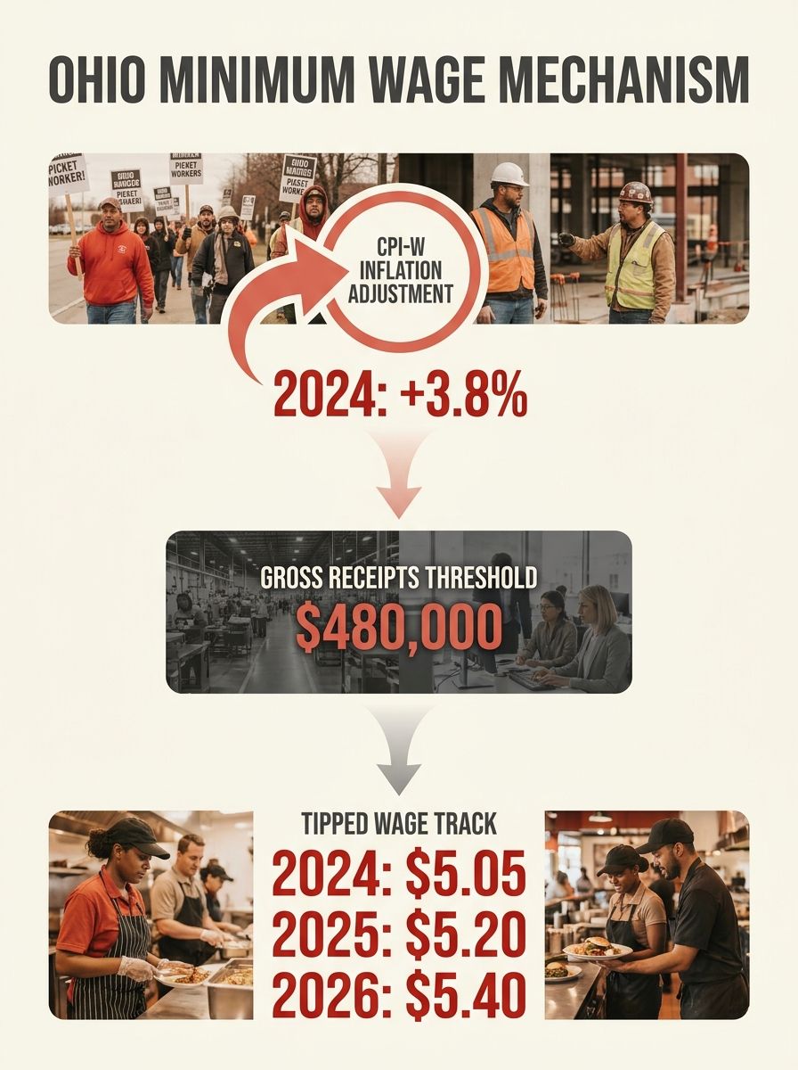 infographic showing Ohio's minimum wage mechanism with three connected components, CPI-W inflation index feeding into the annual rate calculation, a gross receipts threshold determining employer appli