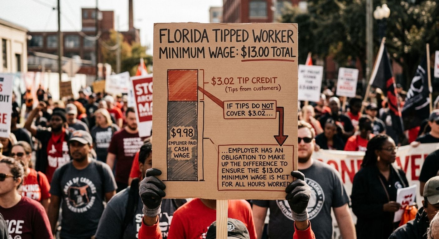Diagram showing the split between employer-paid cash wage of $9.98 and tip credit of $3.02 that together make up the $13.00 minimum wage for tipped workers in Florida, with an arrow showing employer o