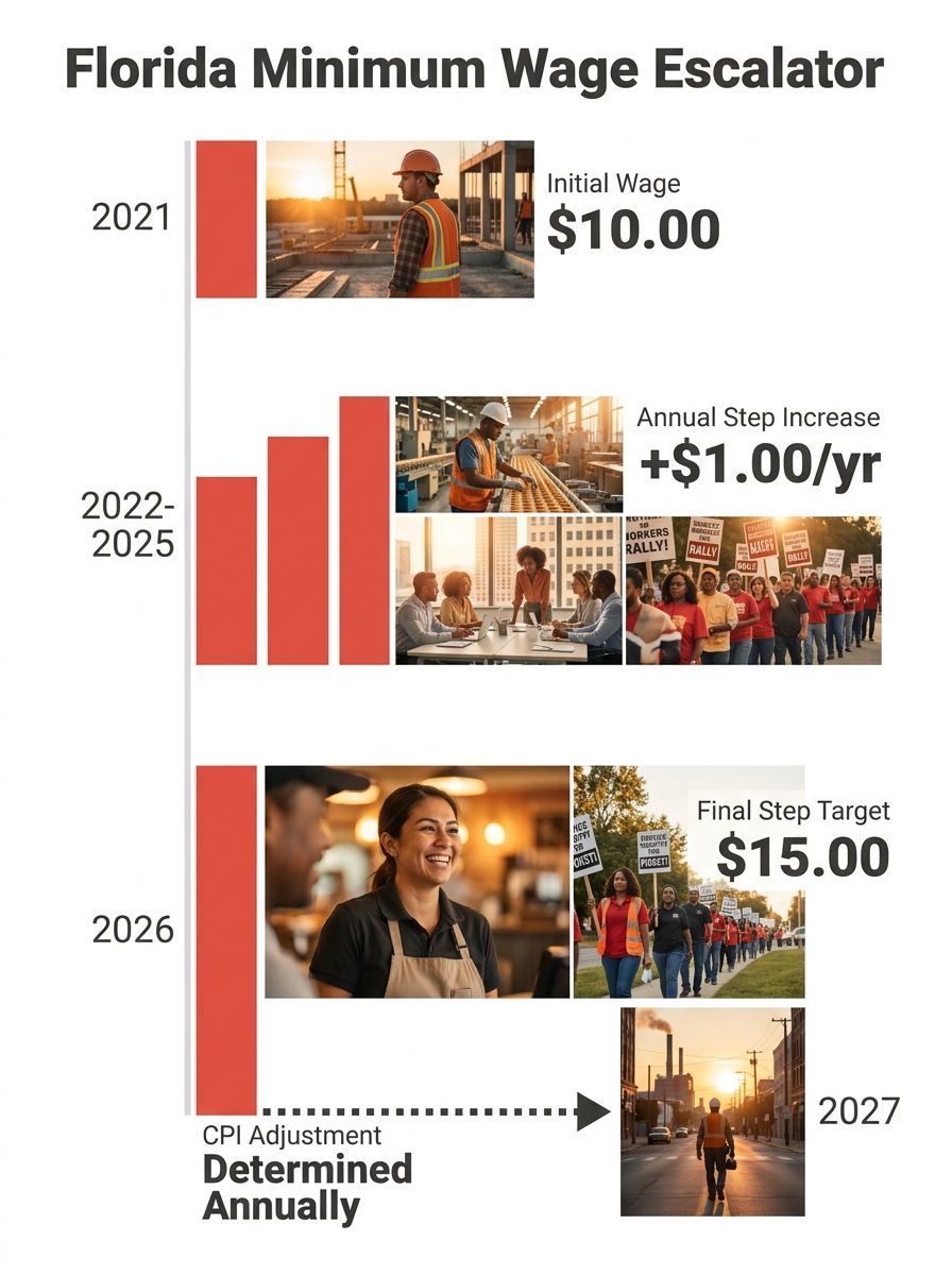 An infographic timeline showing the Florida minimum wage escalator from 2021 to 2027, with $1 annual step increases from $10.00 to $15.00 displayed as ascending bars, followed by a dotted CPI-adjustme