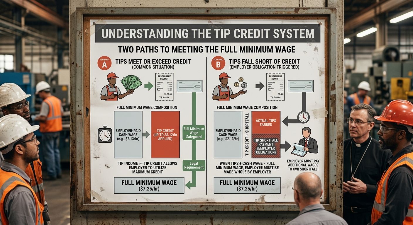 Diagram showing the tip credit calculation mechanism with a cash wage base amount plus tip credit amount equaling the full minimum wage, with an arrow pointing to employer obligation when tips fall sh