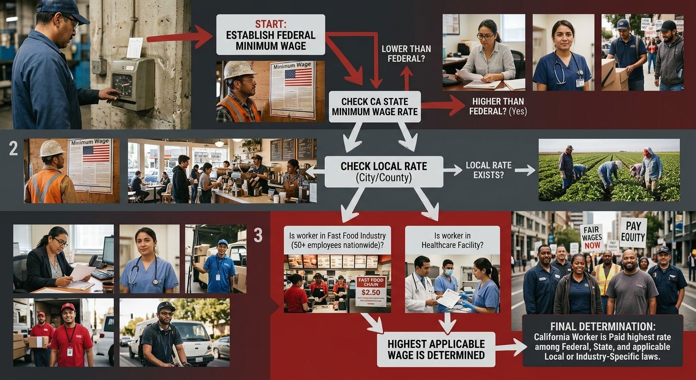 A flowchart diagram showing the decision tree for determining a California worker's minimum wage: starting with federal rate, then checking state rate, then local city/county rate, then industry-speci