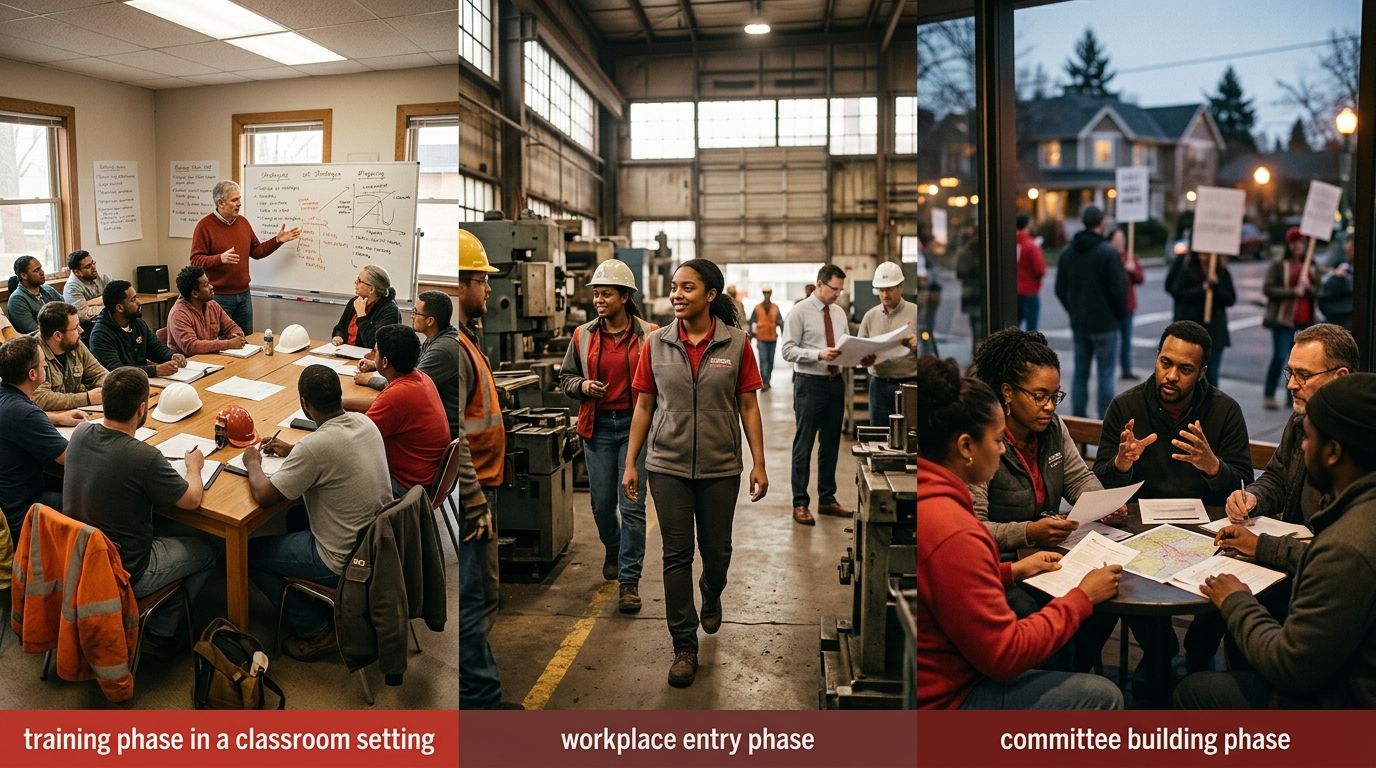 Diagram showing the three phases of a hybrid organizing campaign: training phase with classroom setting, workplace entry phase showing a worker starting a new job, and committee building phase showing