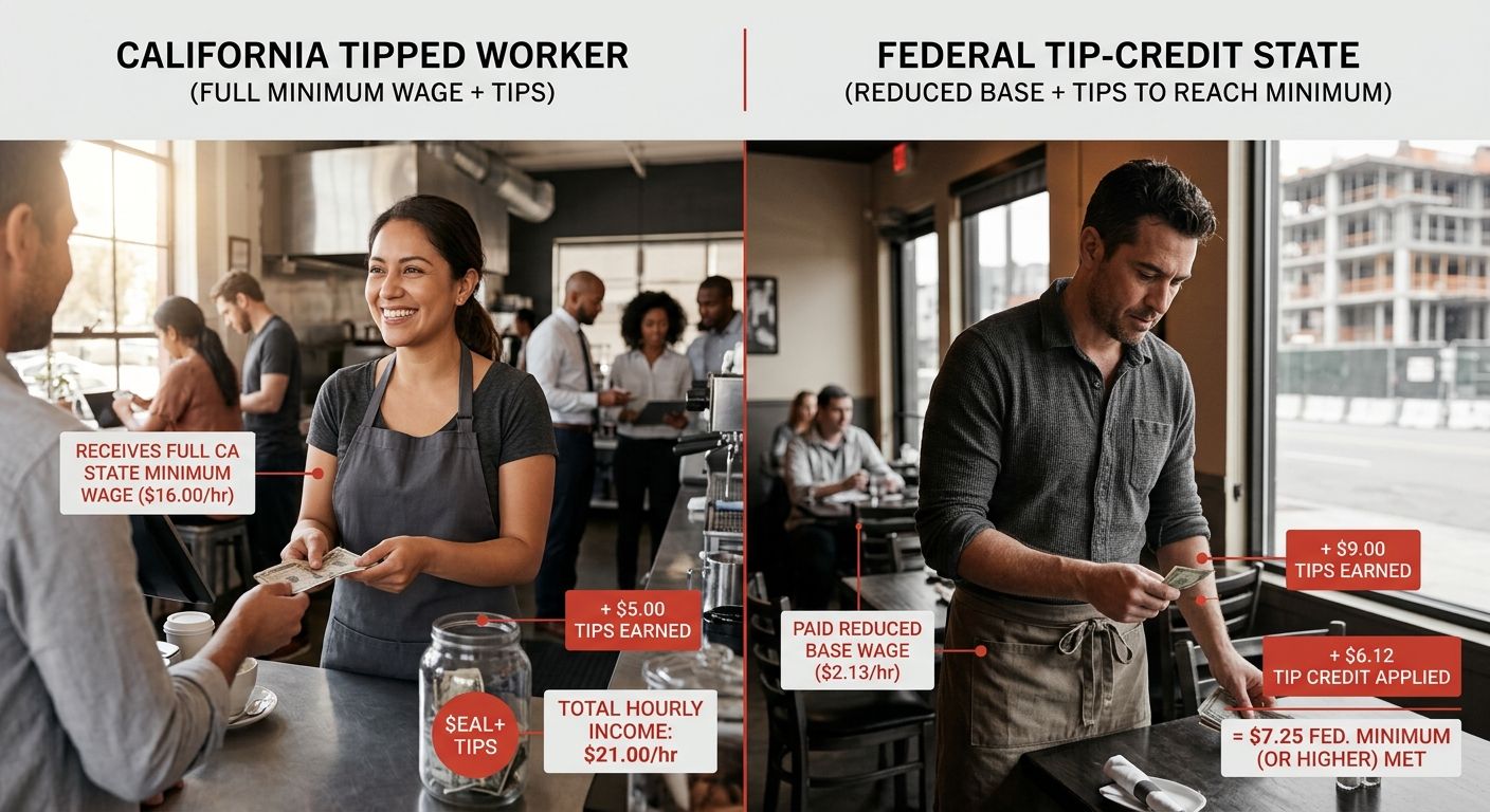 Side-by-side comparison diagram showing a tipped worker's pay in California (full minimum wage plus tips) versus a federal tip-credit state (reduced base plus tips to reach minimum), with dollar amoun