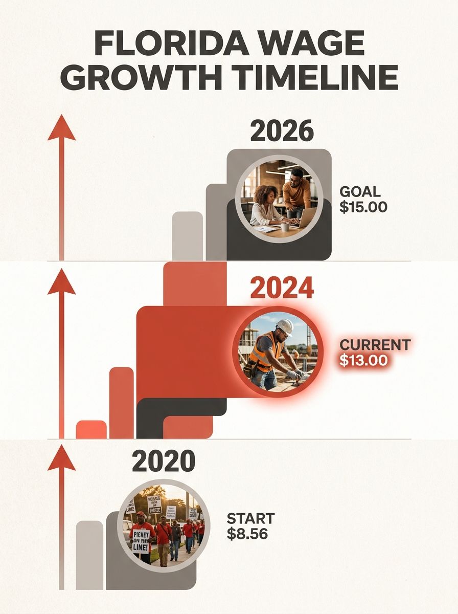 Timeline infographic showing Florida minimum wage increases from $8.56 in 2020 to $15.00 in 2026, with each September 30 step marked along a rising bar chart, and the 2024 rate of $13.00 highlighted