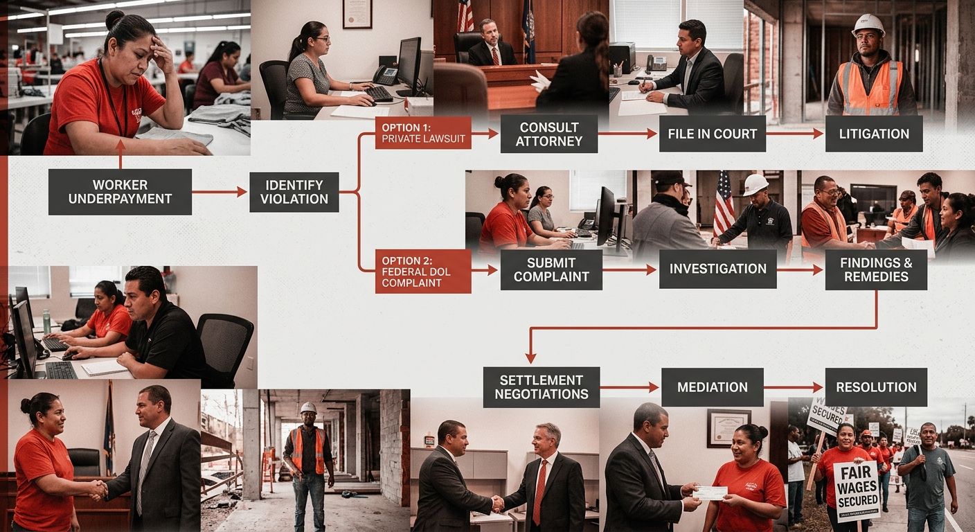 flowchart diagram showing the enforcement path for a Florida minimum wage violation, from experiencing underpayment through complaint filing options of private lawsuit or federal DOL complaint to pote