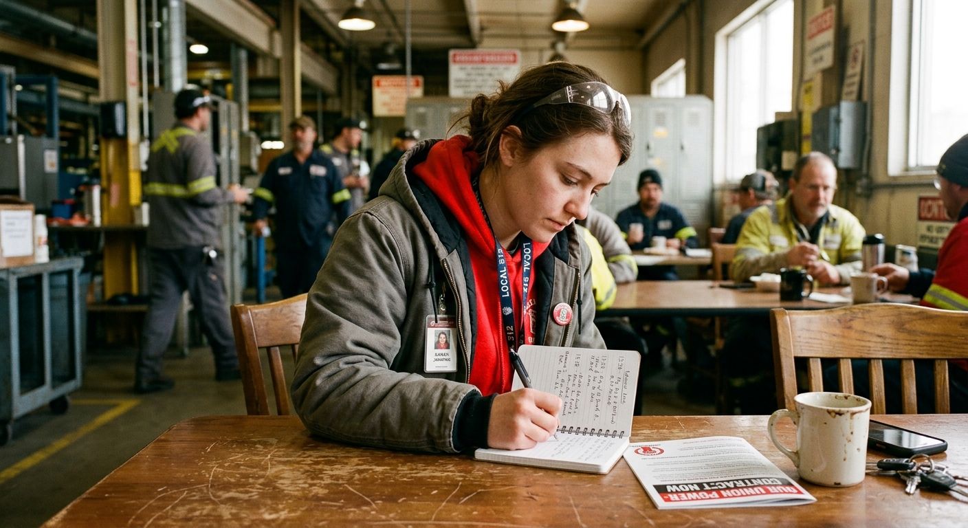 A realistic illustration of a worker writing detailed notes in a small notebook at a break table, documenting a conversation with timestamps and names, with an organizing pamphlet partially visible ne