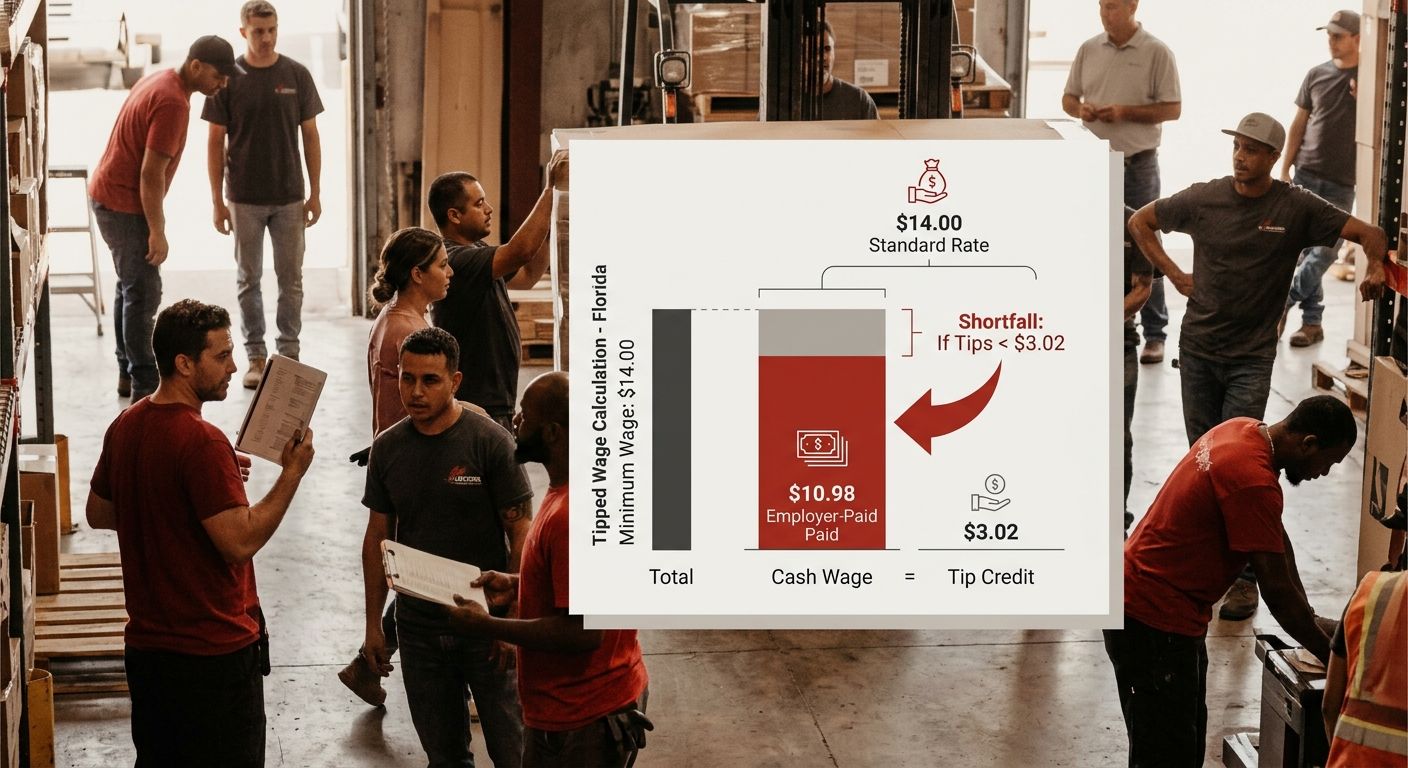 diagram showing the tipped wage calculation in Florida with the $14.00 standard rate split into $10.98 employer-paid cash wage and $3.02 tip credit, with a highlighted arrow showing the employer must