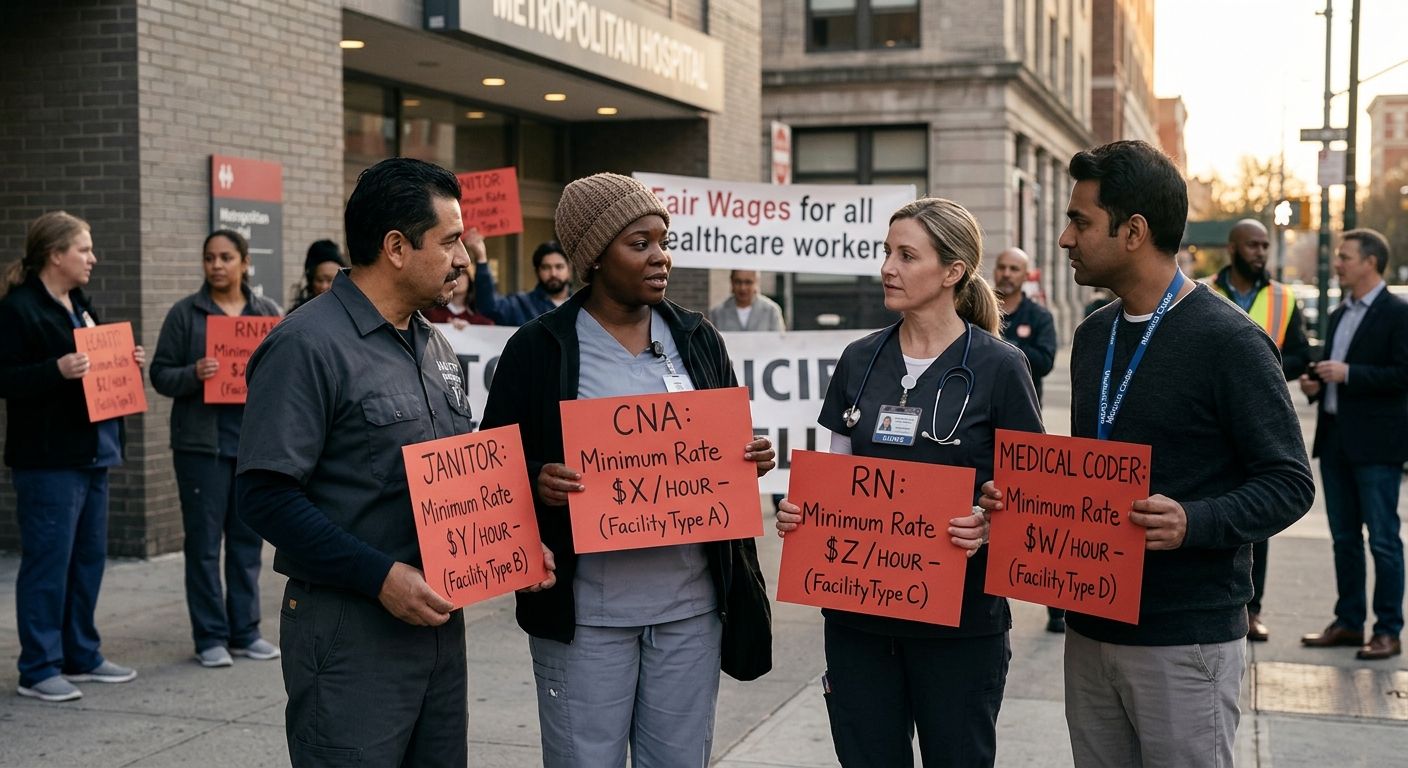 Illustration of diverse healthcare workers (nurse, janitor, medical coder, CNA) in a hospital setting with wage tier labels showing different minimum pay rates by facility type