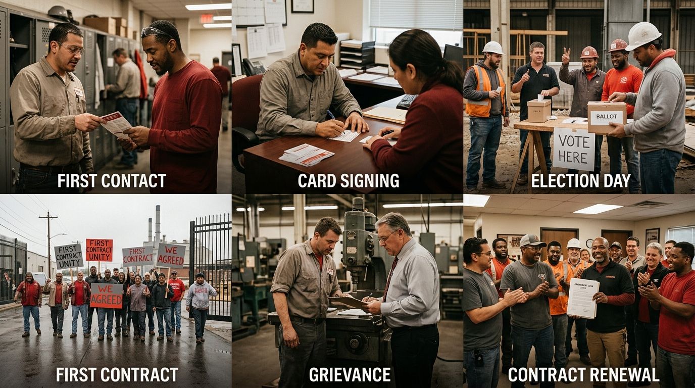 A horizontal timeline showing a worker's journey from first contact through card signing, election, first contract, grievance, and contract renewal, with data points tracked at each stage including en