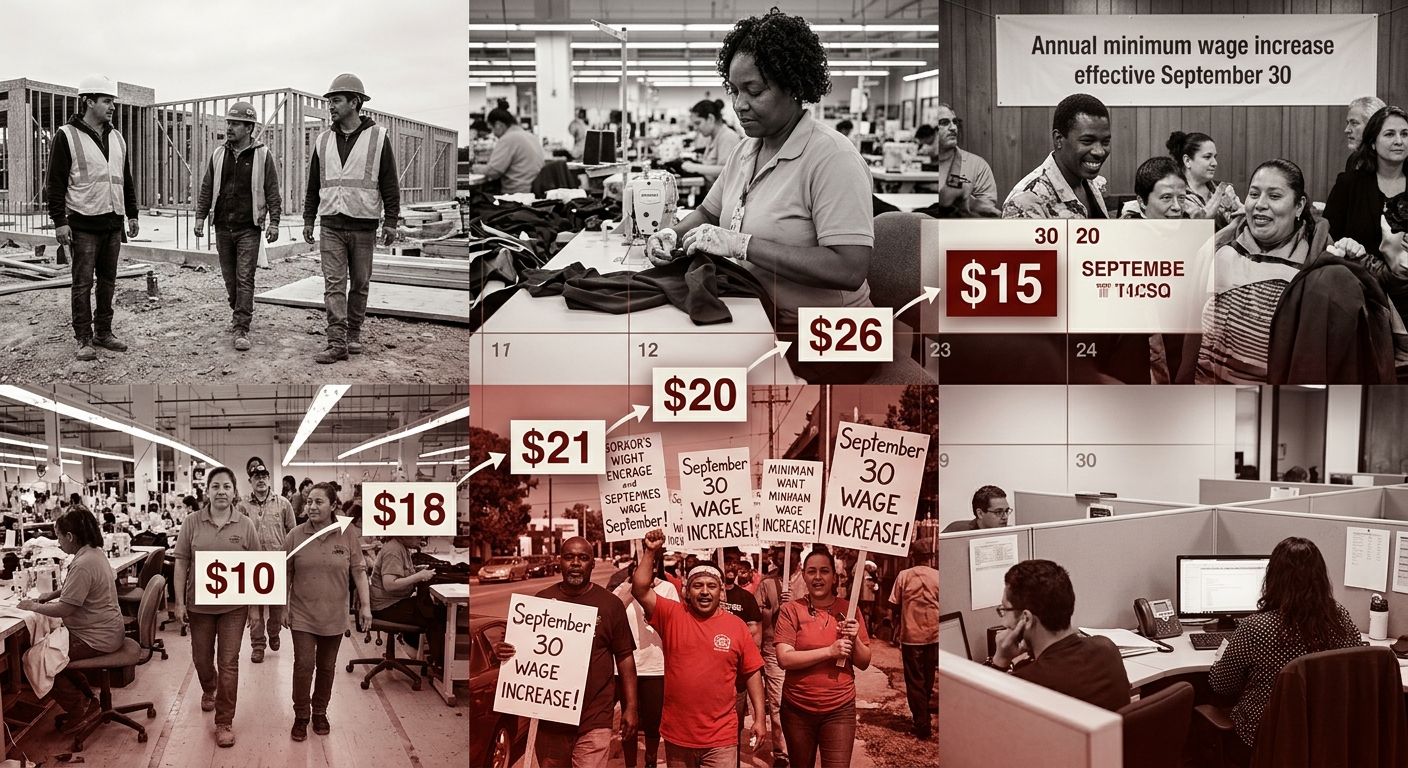 a calendar-style illustration highlighting September 30 as the annual minimum wage increase date in Florida, with dollar amounts rising from $10 to $15 marked on consecutive years