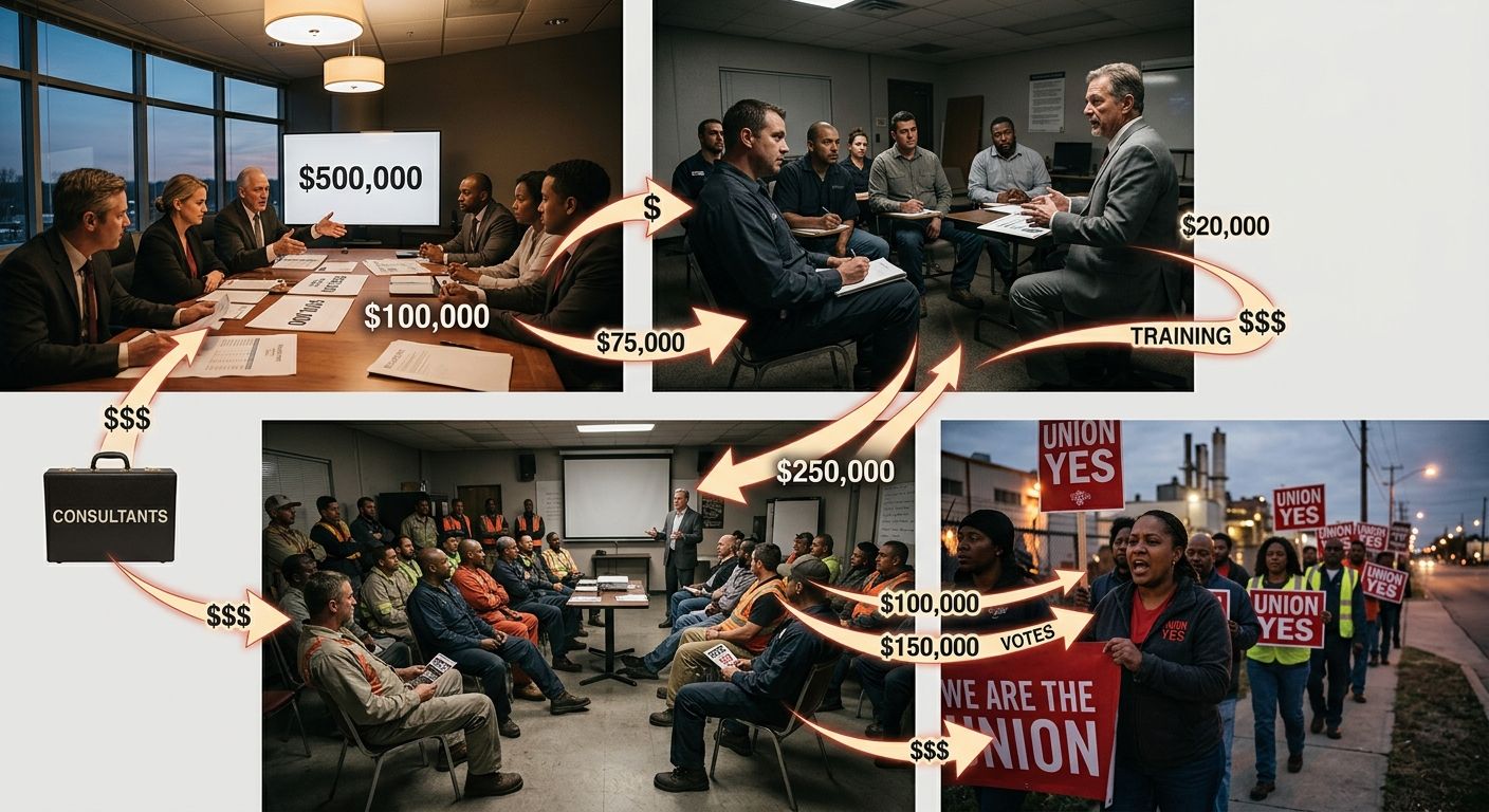 A diagram showing the flow of money and influence in employer anti-union campaigns, from corporate decision to hire consultants, through supervisor training sessions, to captive-audience meetings with