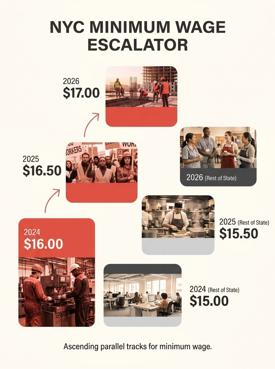 infographic showing the three-step NYC minimum wage escalator from 2024-2026, with $16.00, $16.50, and $17.00 displayed as ascending steps, alongside the parallel rest-of-state track at $15.00, $15.50