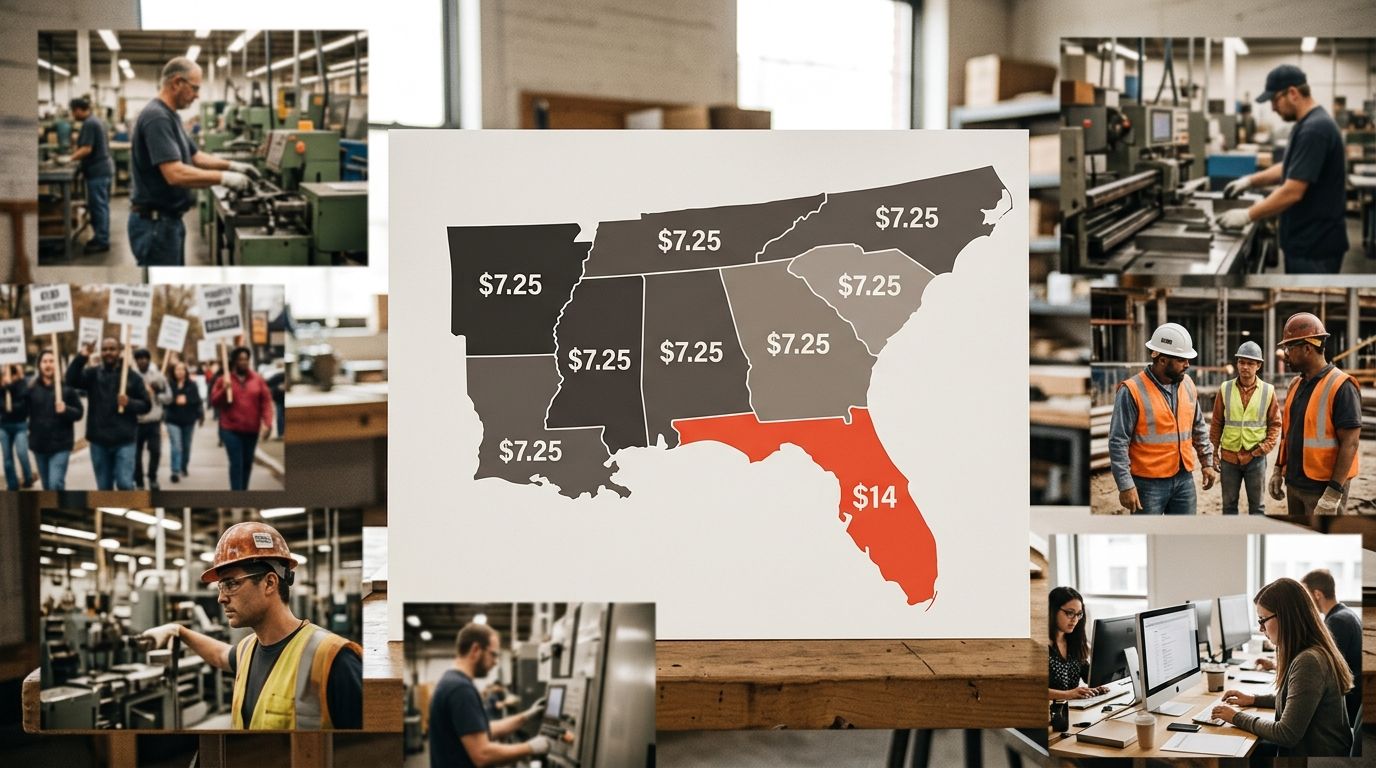 A map of the southeastern United States showing minimum wage rates by state, with Florida highlighted at $14, neighboring states at $7.25, and color coding from lowest to highest