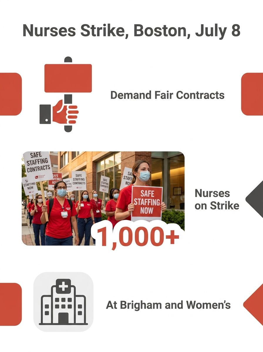Nurses holding picket signs outside Brigham and Women's Hospital in Boston during the July 8 strike