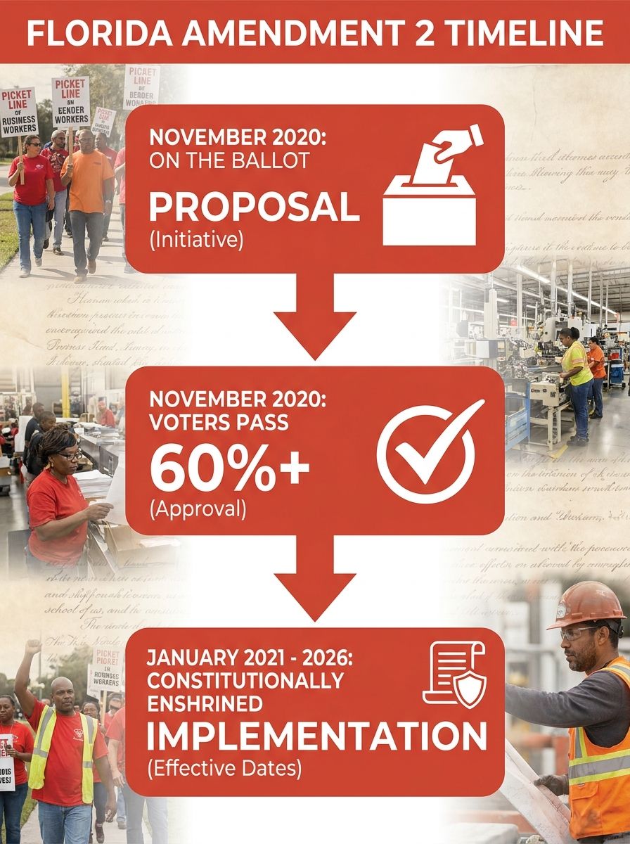 A visual timeline showing Amendment 2's path from ballot initiative in 2020 to constitutional enshrinement, with the Florida state constitution document in the background and key dates marked