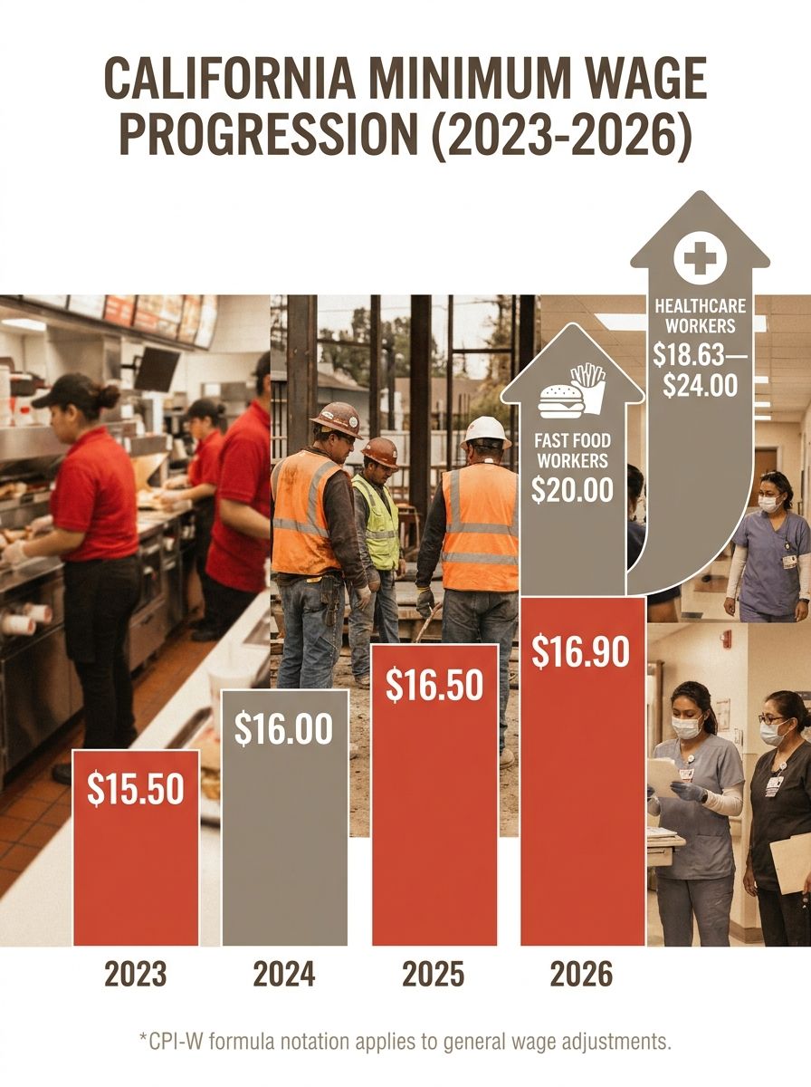 Infographic showing California minimum wage progression from 2023 ($15.50) through 2024 ($16.00), 2025 ($16.50), and 2026 ($16.90), with separate tracks for fast food ($20.00) and healthcare workers (