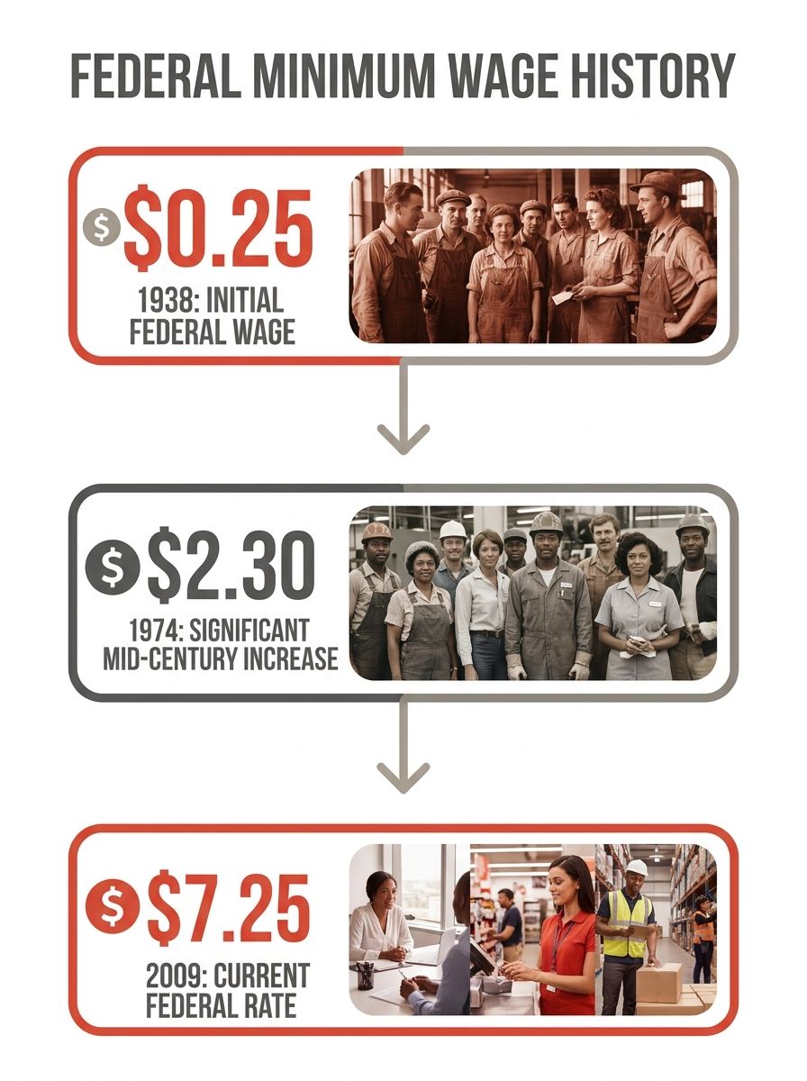 infographic showing a tiered diagram of federal minimum wage history from 1938 ($0.25) through key increases to the current $7.25 in 2009, with years between each increase marked