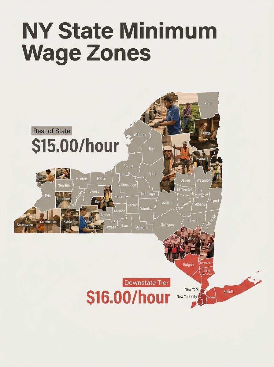 A map of New York State divided into two colored zones showing the downstate tier (NYC, Nassau, Suffolk, Westchester) at $16.00/hour and the rest of state at $15.00/hour, with county names labeled and