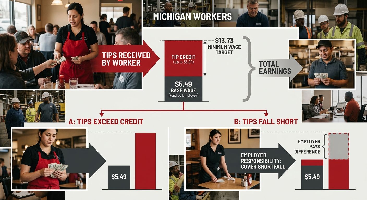 Diagram showing how the tip credit calculation works in Michigan, with a visual of an employer paying a $5.49 base wage plus tips equaling the $13.73 minimum, with an arrow showing employer responsibi