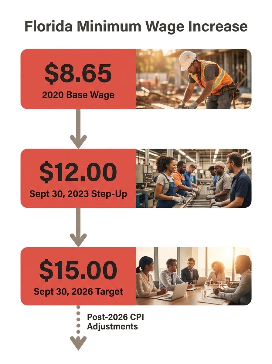 A timeline infographic showing Florida's minimum wage increases from $8.65 in 2020 through $15.00 in 2026, with each September 30 step-up date marked, and a dotted line after 2026 indicating CPI-based