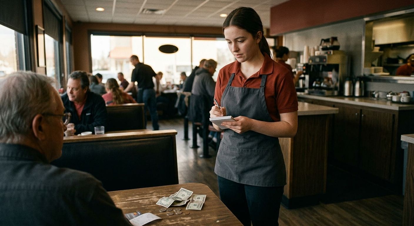 illustration showing the split between a tipped worker's cash wage of $9.98 and the $3.02 tip credit that should bring total pay to $13.00, with a visual gap representing wage theft risk