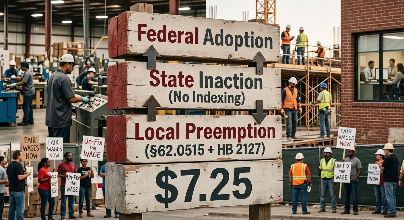 A diagram showing the three-layer wage lock structure in Texas - three stacked blocks labeled "Federal Adoption," "State Inaction (No Indexing)," and "Local Preemption (§62.0515 + HB 2127)" with arrow