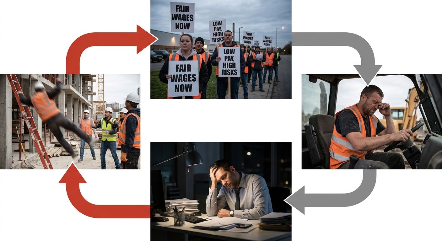 Illustration showing the relationship between low wages and workplace safety risks, depicting a cycle diagram with four stages: low hourly pay, longer work hours or multiple jobs, increased fatigue, a