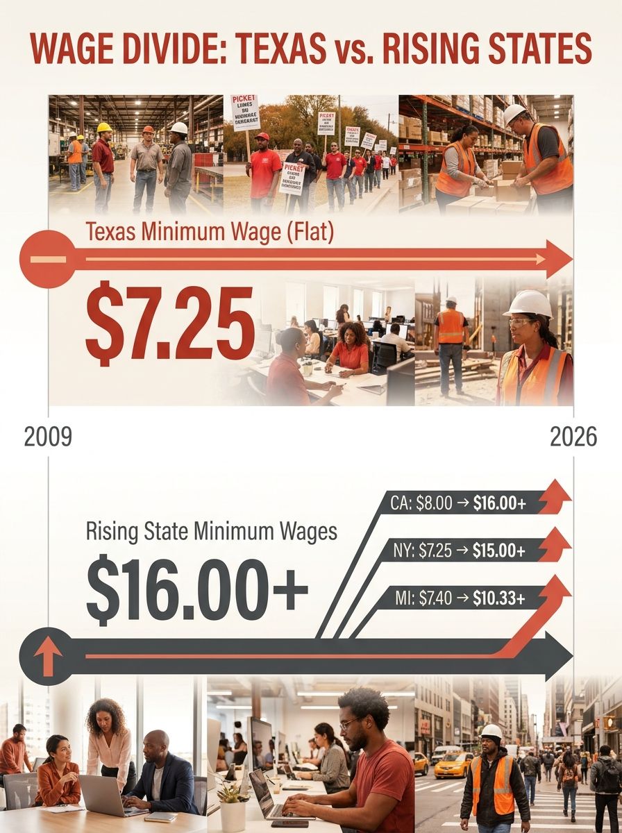 Infographic showing a timeline from 2009 to 2026 with the Texas minimum wage flat at $7.25 compared to rising minimum wages in states like California, New York, and Michigan over the same period