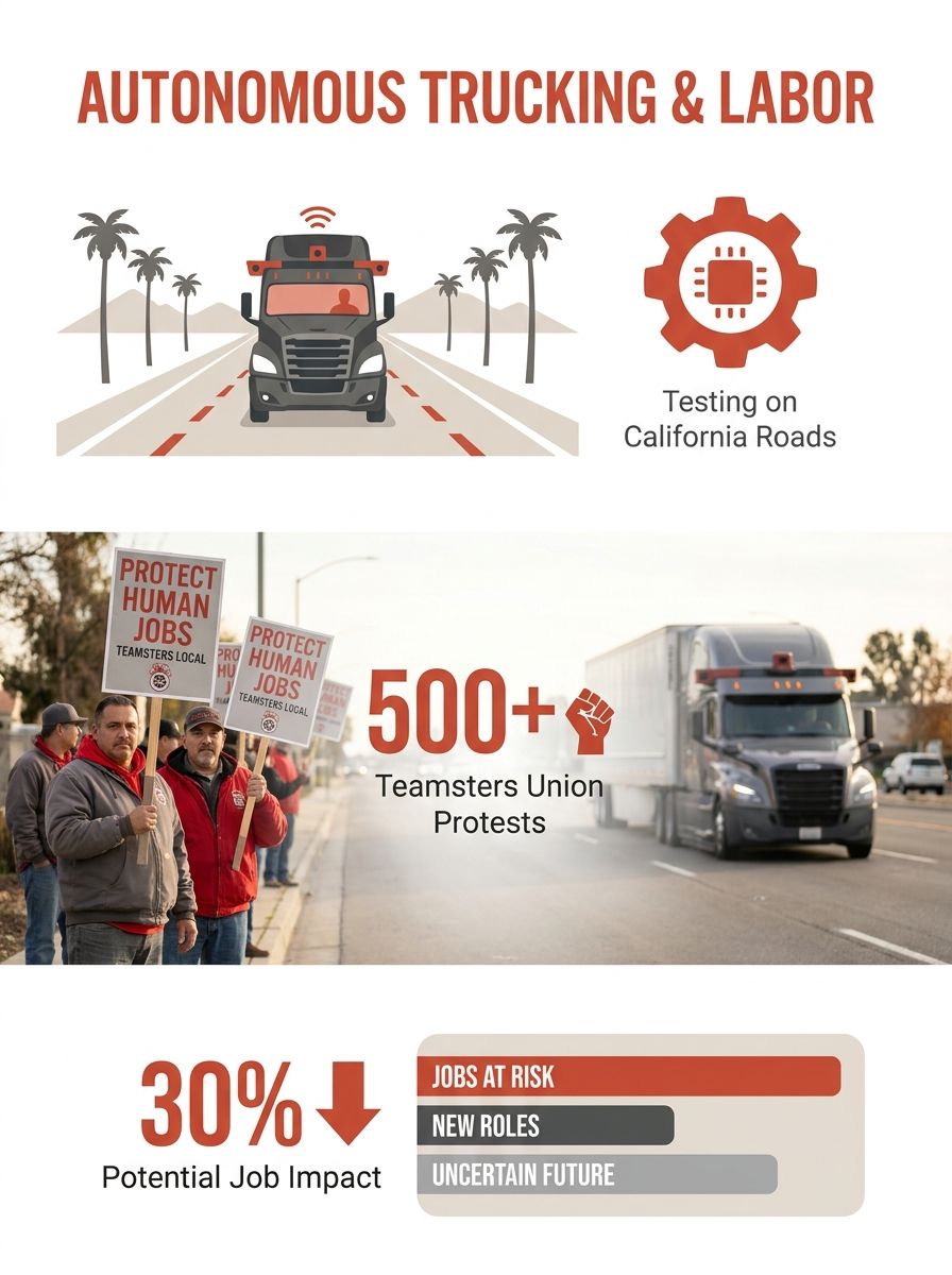 Autonomous semi-truck on California highway with Teamsters protest signs in foreground