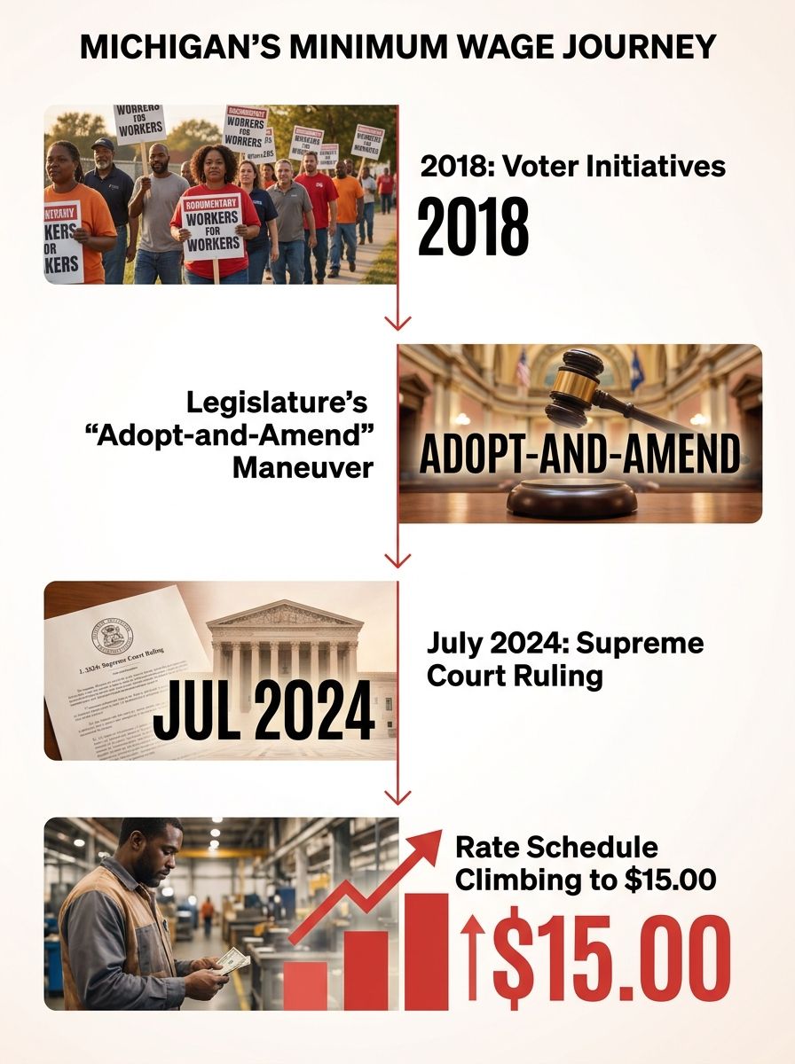 Timeline infographic showing Michigan's minimum wage journey from the 2018 voter initiatives through the legislature's adopt-and-amend maneuver, the July 2024 Supreme Court ruling, and the rate schedu